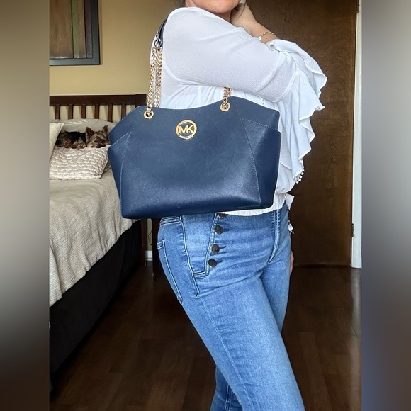 MICHAEL KORS LG CHAIN
SHOULDER TOTE BLUE + WALLET - Picture 14 of 16